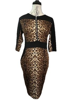 Often Brand Cheetah Print Sheath Dress Stretch Colorblock Work Party Size Small
